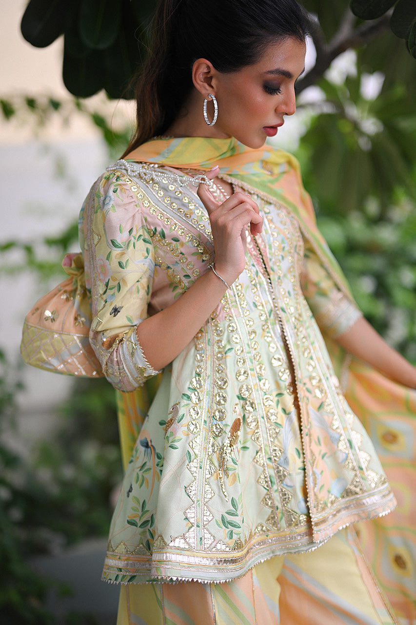 Pistachio Green Embroidered Khaddi Silk Peplum & Dhaka Pajama (3-Piece) - Image 6