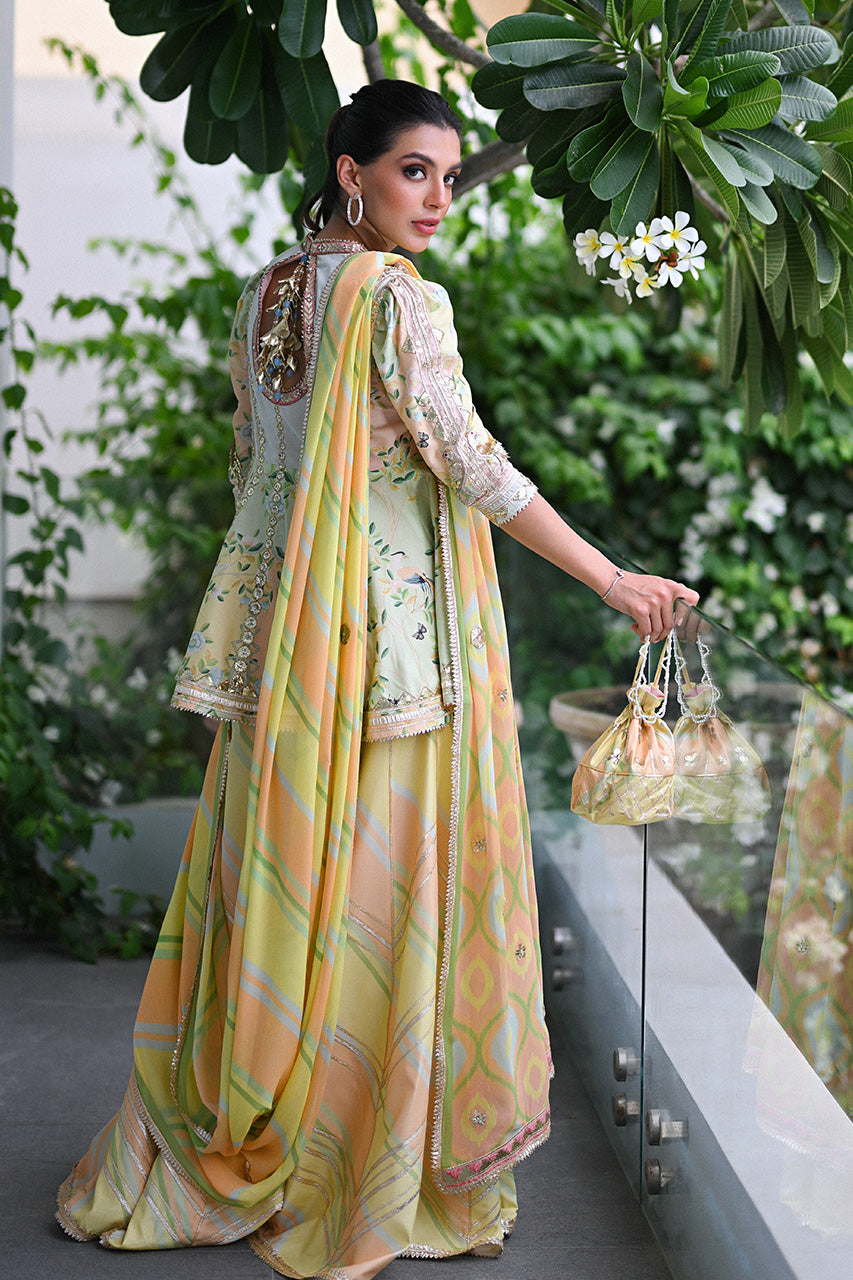 Pistachio Green Embroidered Khaddi Silk Peplum & Dhaka Pajama (3-Piece) - Image 8