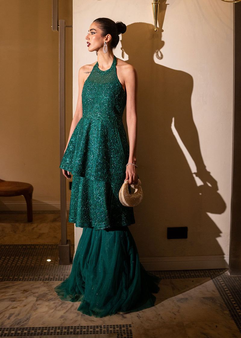Emerald Green Embellished Net Peplum with Sharara (2-Piece) - Image 1