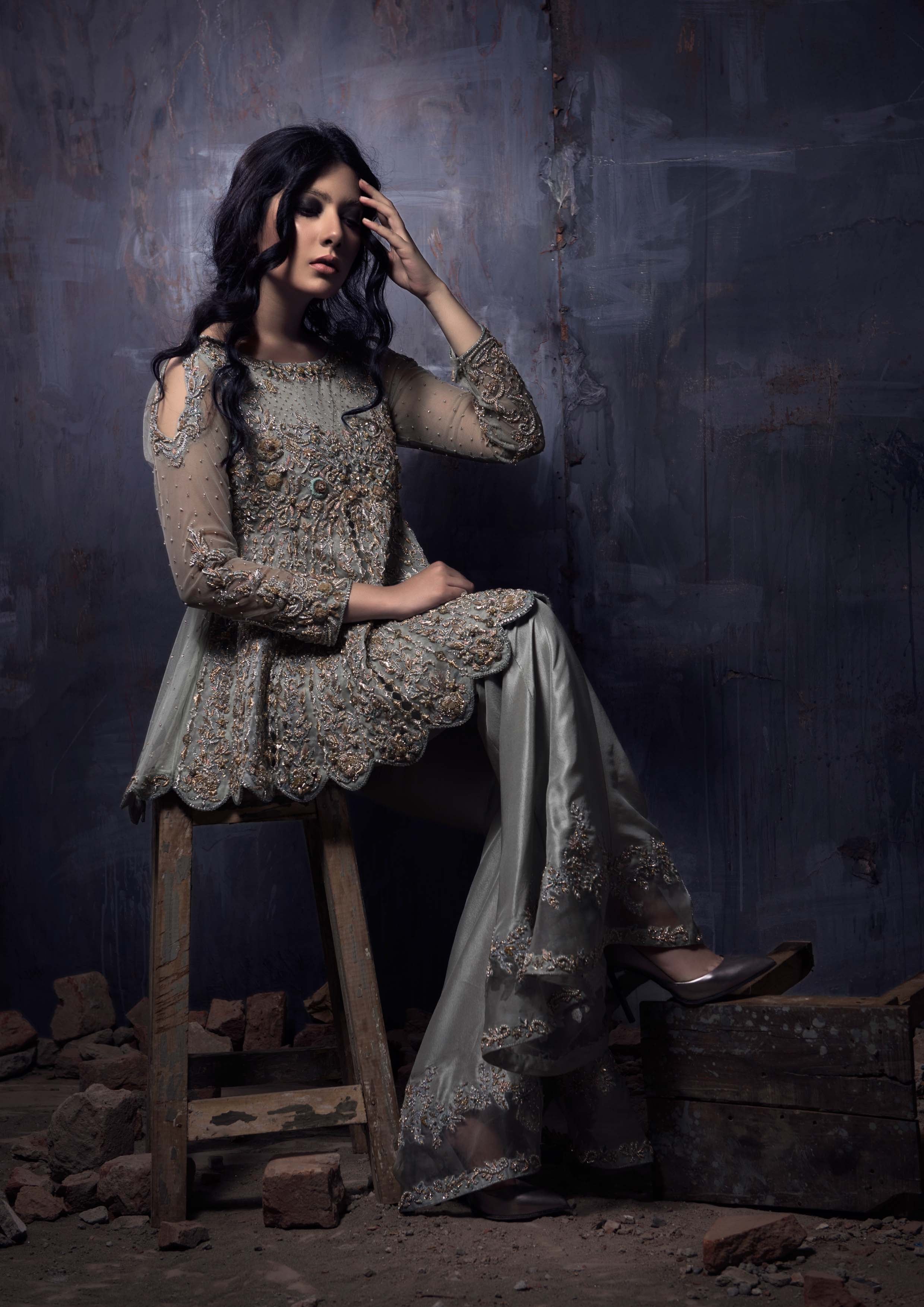 Muted Sage Embroidered Net Peplum with Raw Silk Trousers (2-Piece) - Image 1