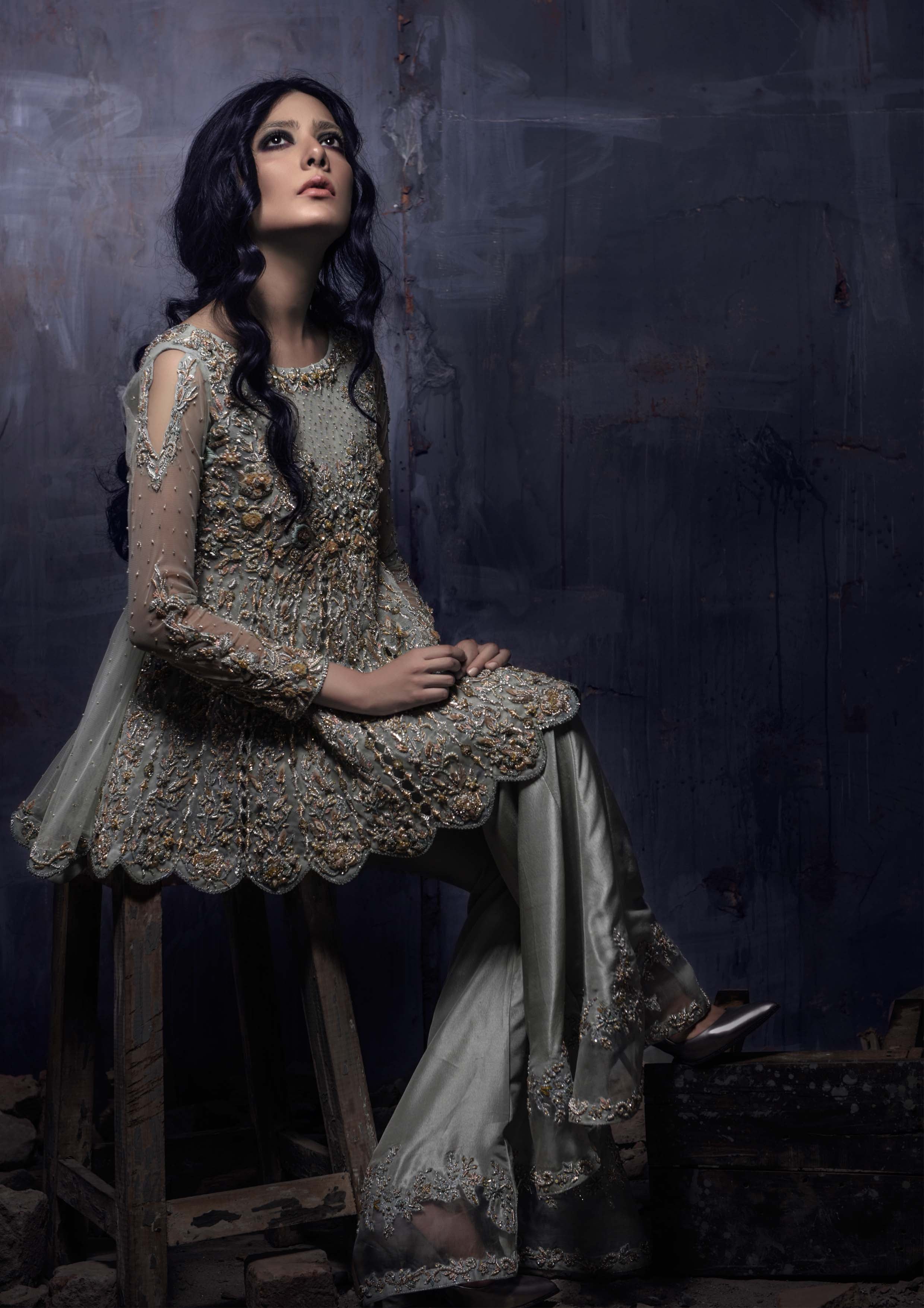 Muted Sage Embroidered Net Peplum with Raw Silk Trousers (2-Piece) - Image 2