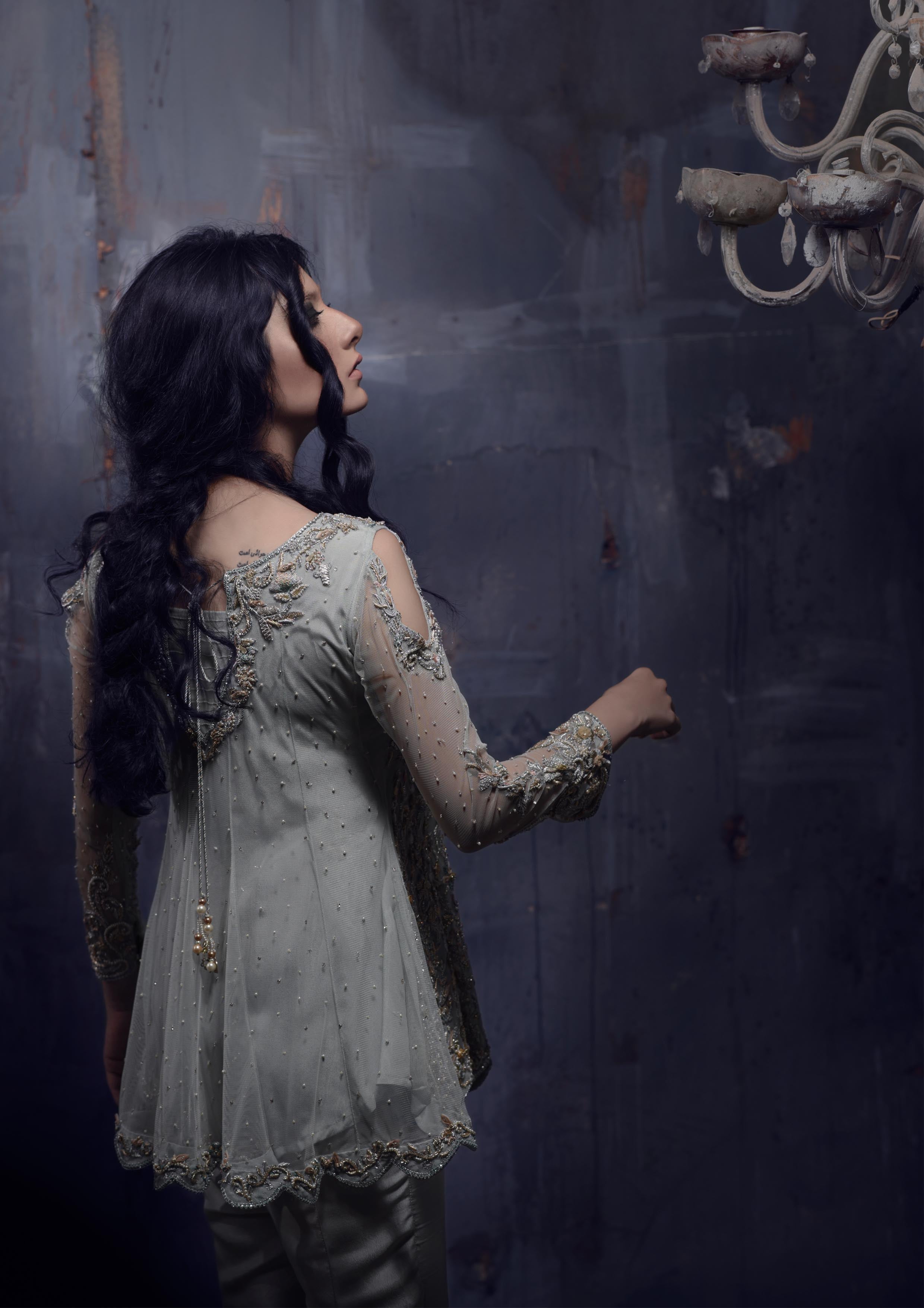 Muted Sage Embroidered Net Peplum with Raw Silk Trousers (2-Piece) - Image 3