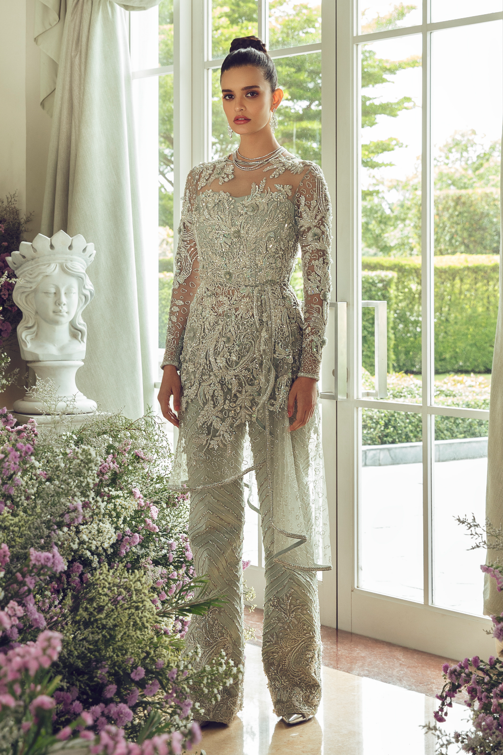 Pakistani Mint Embellished Net Peplum with Raw Silk Pants (2-Piece) - Image 1