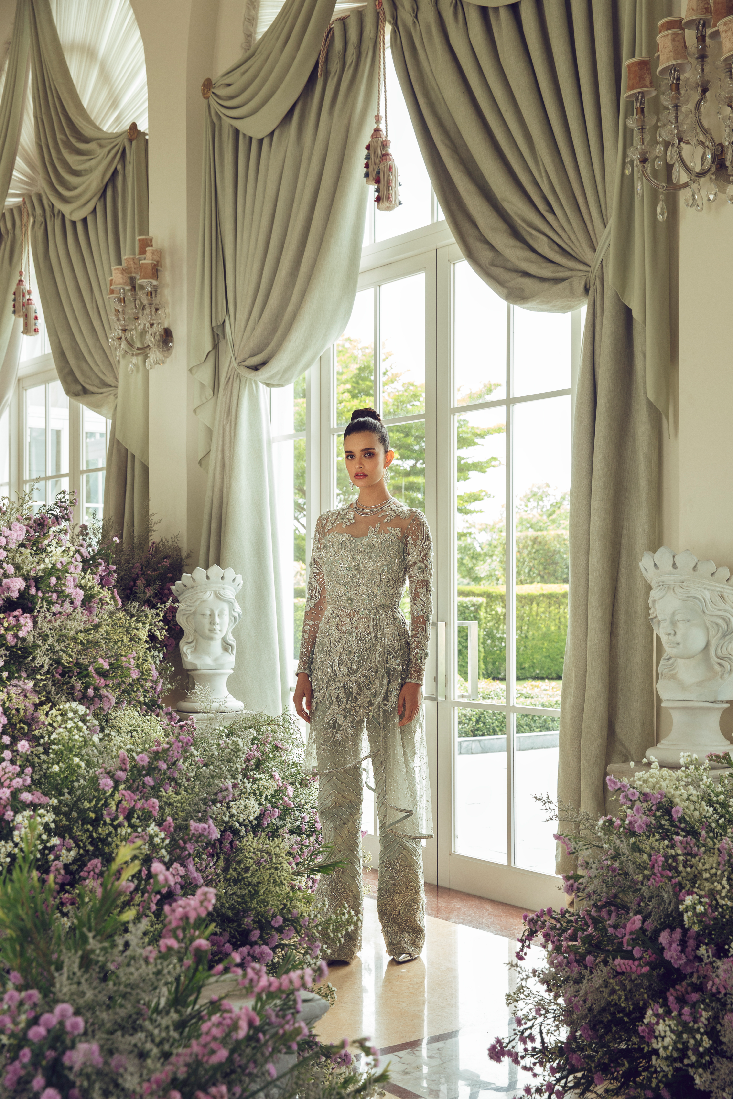 Pakistani Mint Embellished Net Peplum with Raw Silk Pants (2-Piece) - Image 4