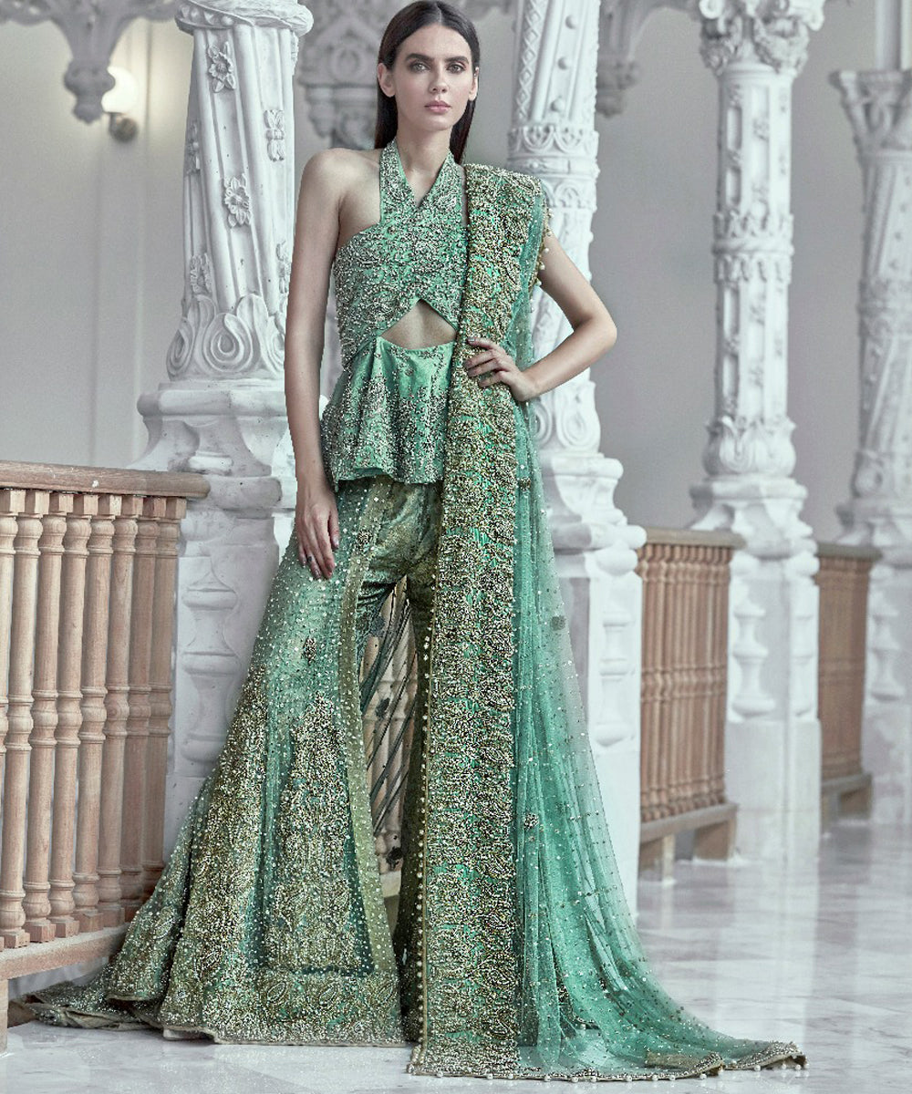 Pakistani Seafoam Green Embellished Silk Peplum Dress (3-Piece) - Image 1