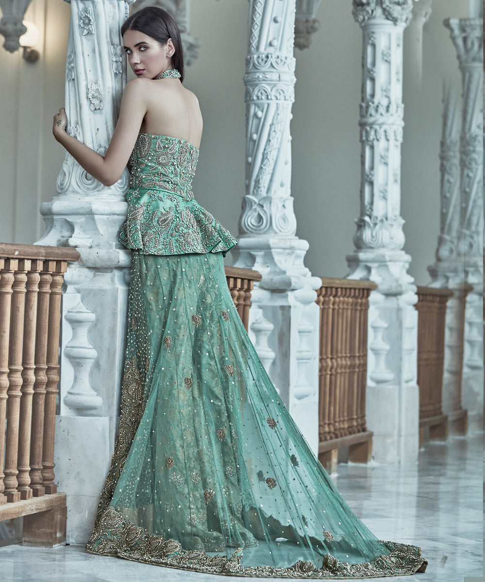 Pakistani Seafoam Green Embellished Silk Peplum Dress (3-Piece) - Image 2