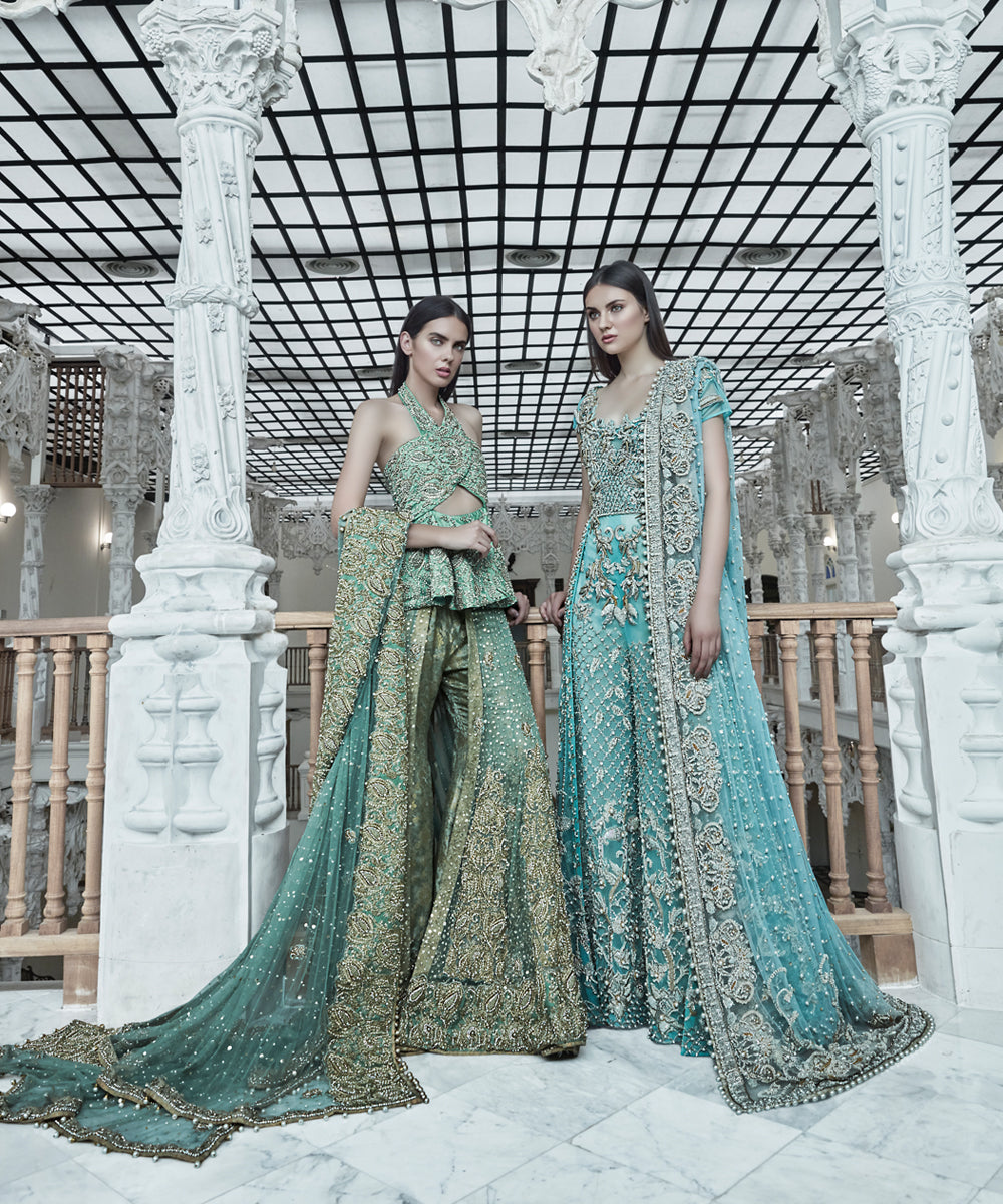 Pakistani Seafoam Green Embellished Silk Peplum Dress (3-Piece) - Image 3