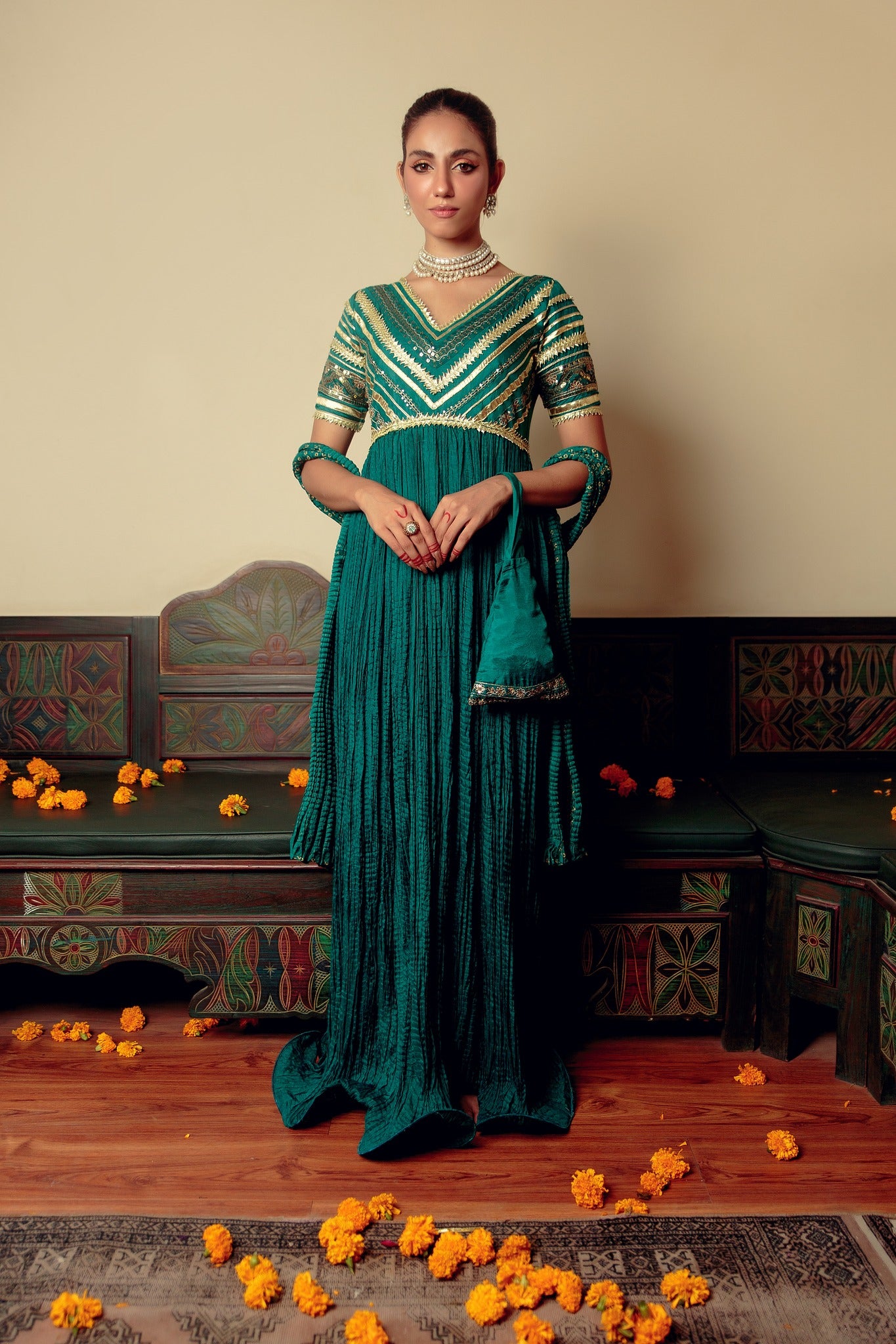 Emerald Gota Zari Cotton Silk Pishwas (3-Piece) - Image 1