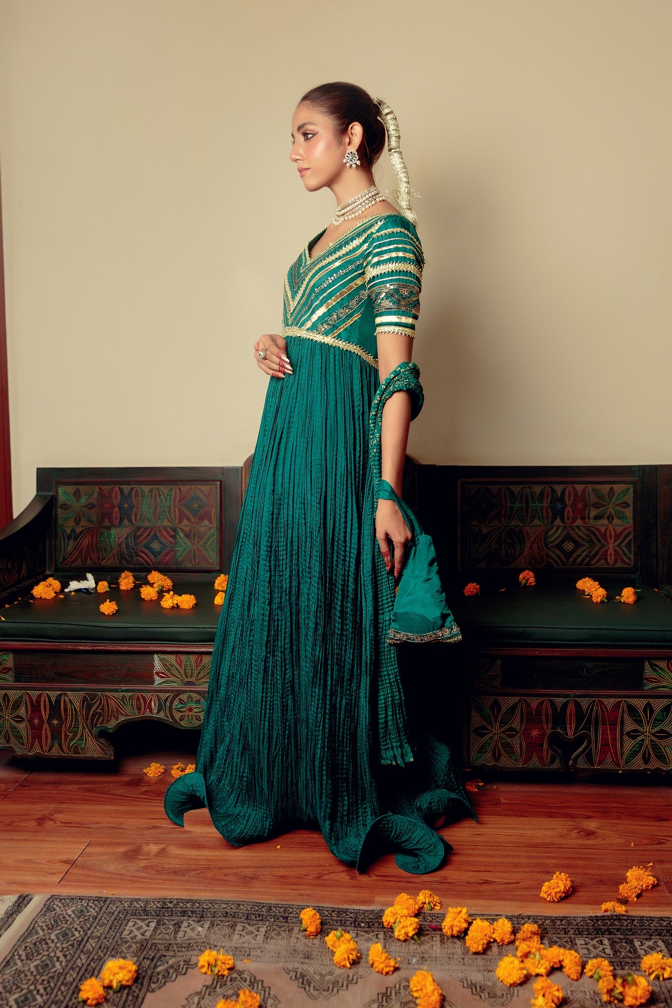 Emerald Gota Zari Cotton Silk Pishwas (3-Piece) - Image 2
