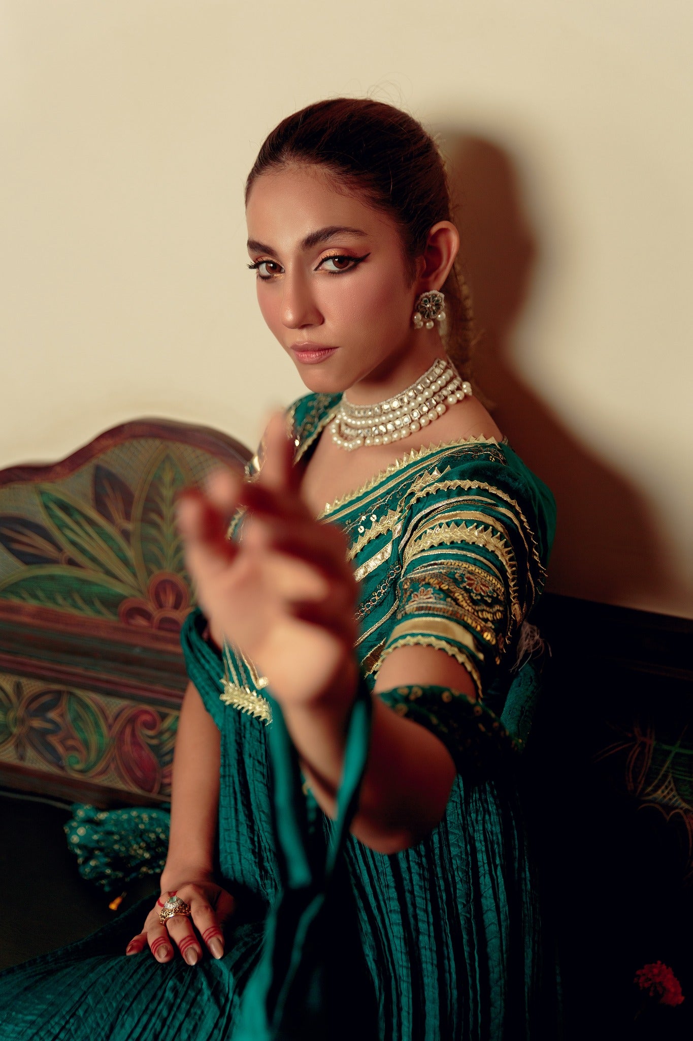 Emerald Gota Zari Cotton Silk Pishwas (3-Piece) - Image 3