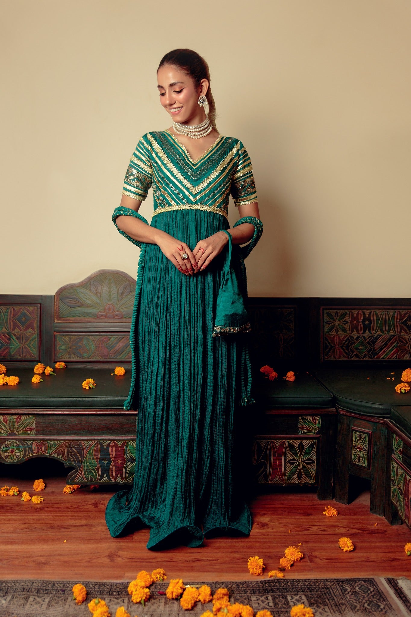 Emerald Gota Zari Cotton Silk Pishwas (3-Piece) - Image 4
