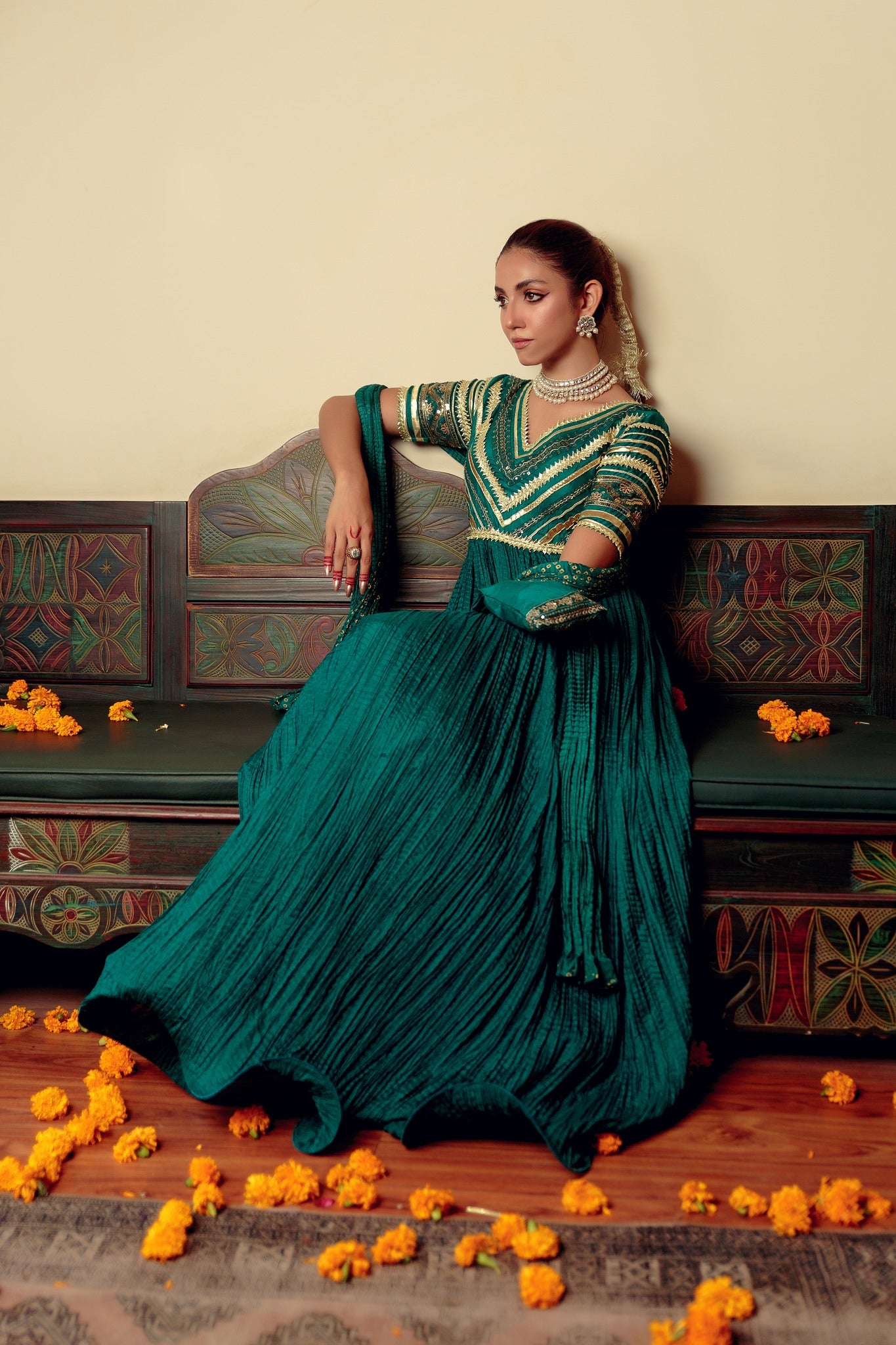 Emerald Gota Zari Cotton Silk Pishwas (3-Piece) - Image 5