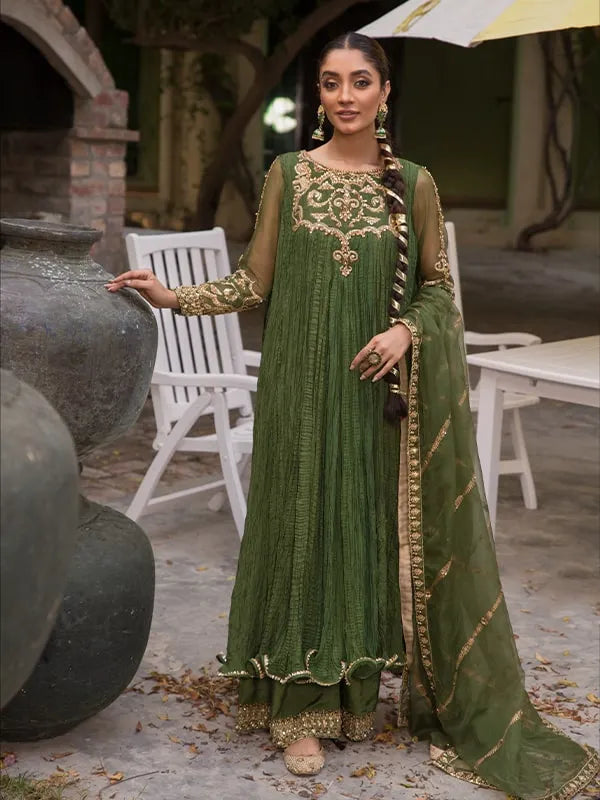 Bottle Green Gold Embroidered Organza Pishwas (3-Piece) - Image 1