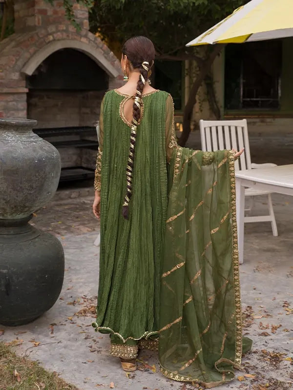 Bottle Green Gold Embroidered Organza Pishwas (3-Piece) - Image 2