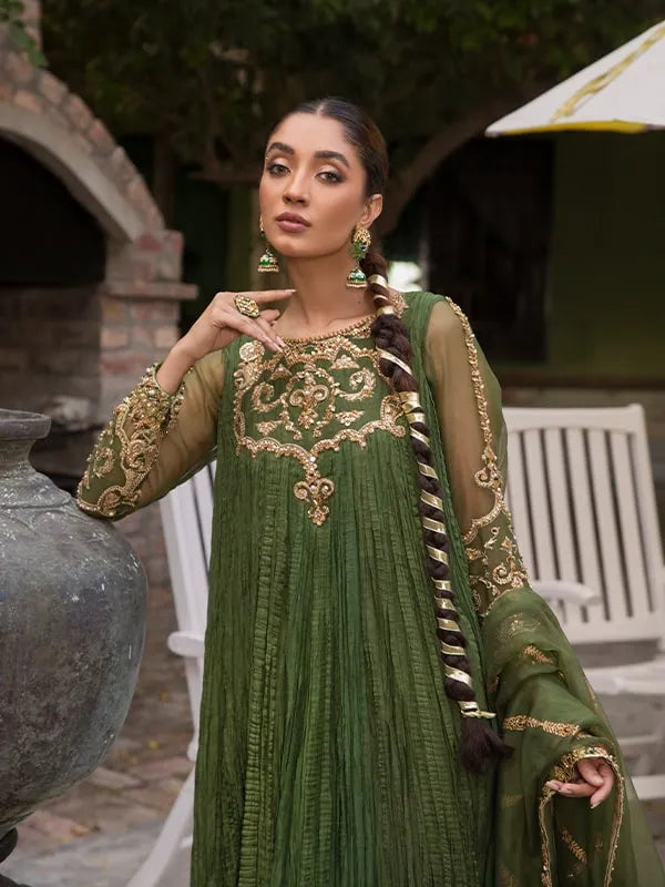 Bottle Green Gold Embroidered Organza Pishwas (3-Piece) - Image 4