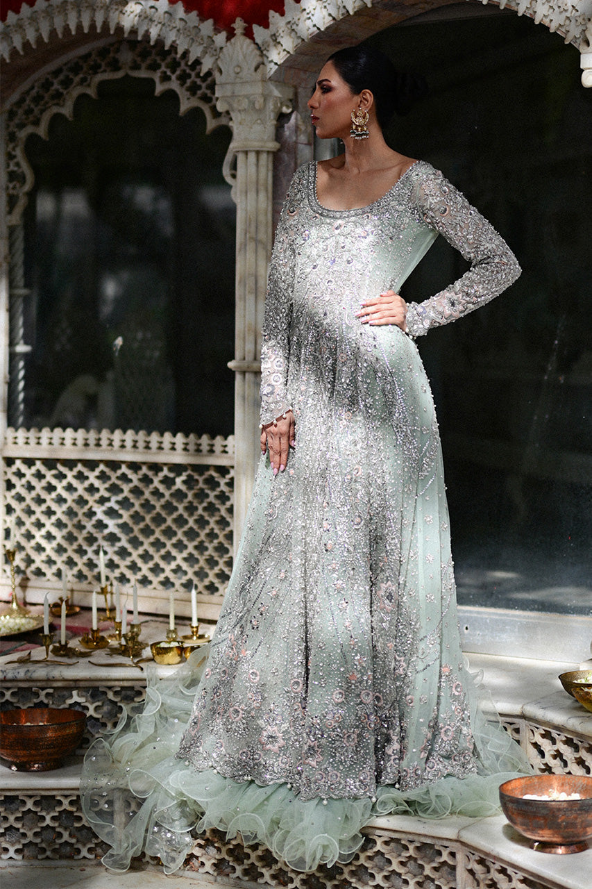 Pakistani Pistachio Zardozi Tulle Pishwas Dress (2-Piece) - Image 1