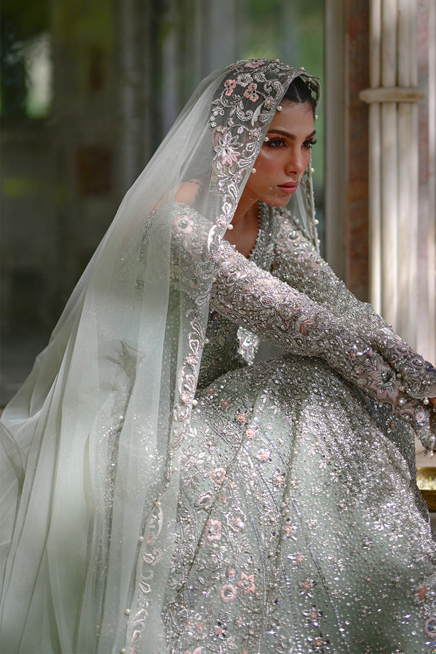 Pakistani Pistachio Zardozi Tulle Pishwas Dress (2-Piece) - Image 10