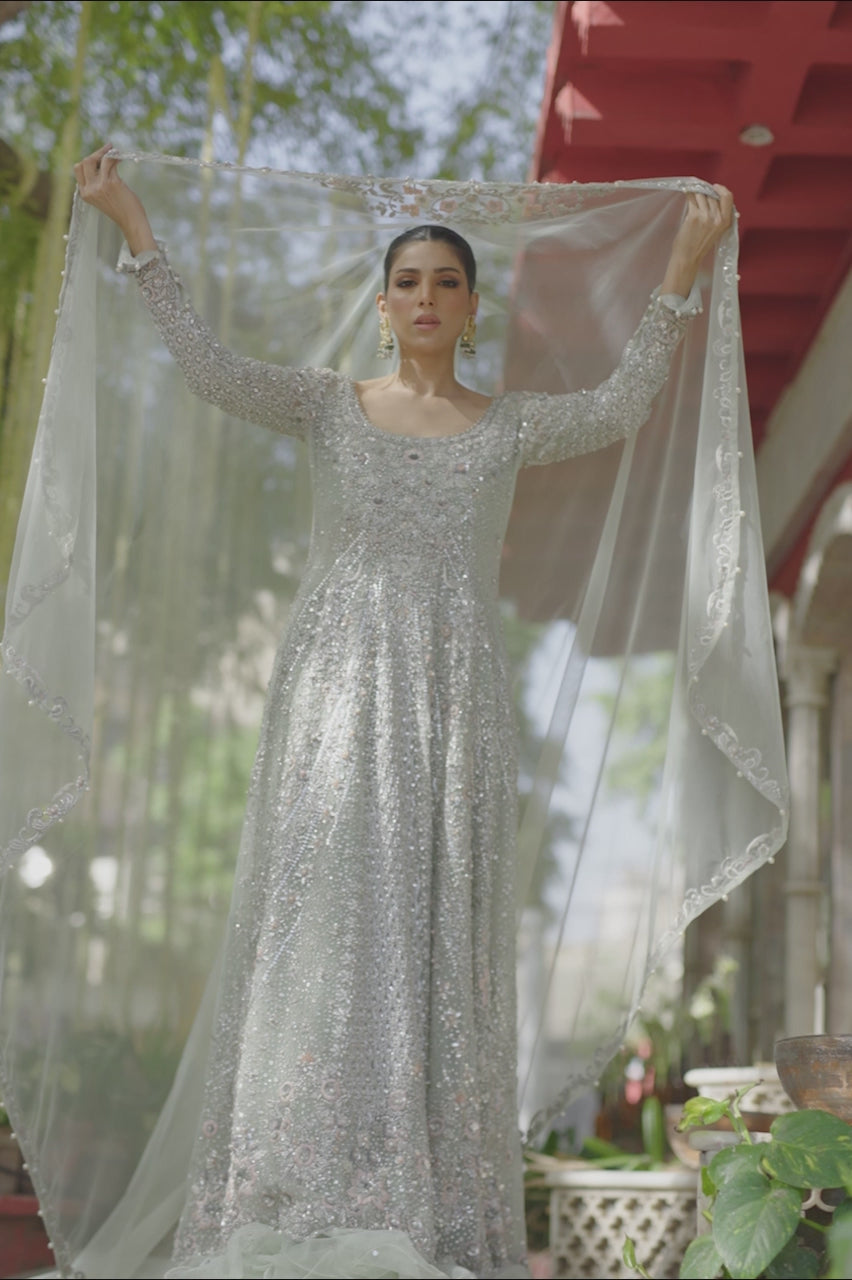 Pakistani Pistachio Zardozi Tulle Pishwas Dress (2-Piece) - Image 12