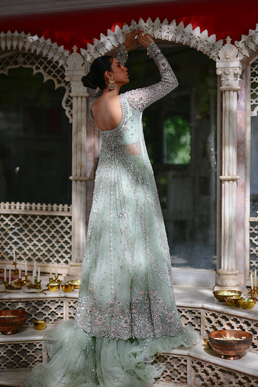 Pakistani Pistachio Zardozi Tulle Pishwas Dress (2-Piece) - Image 2