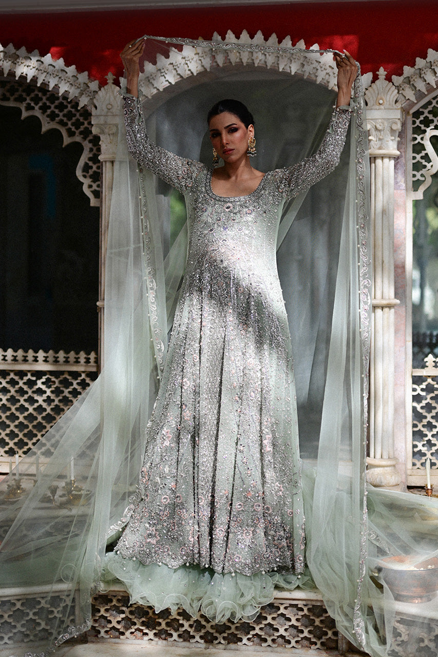 Pakistani Pistachio Zardozi Tulle Pishwas Dress (2-Piece) - Image 3
