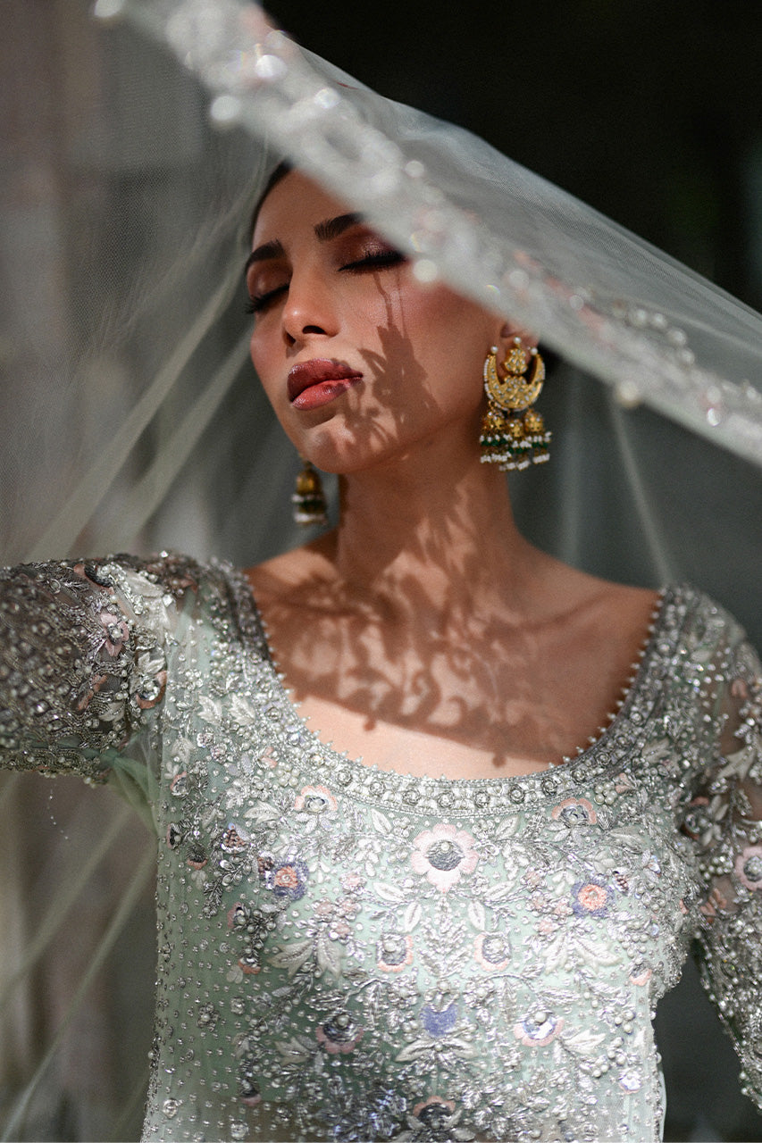 Pakistani Pistachio Zardozi Tulle Pishwas Dress (2-Piece) - Image 5