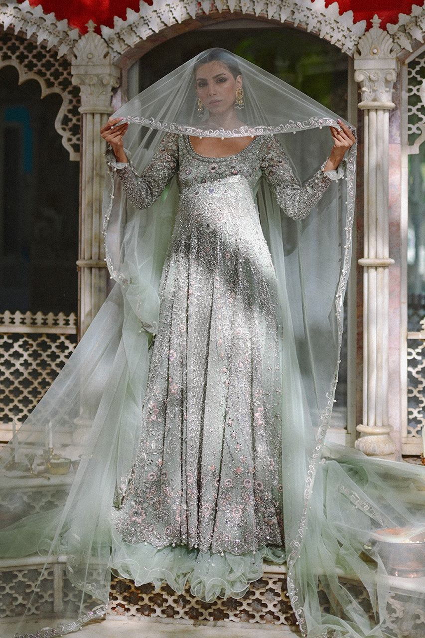 Pakistani Pistachio Zardozi Tulle Pishwas Dress (2-Piece) - Image 6