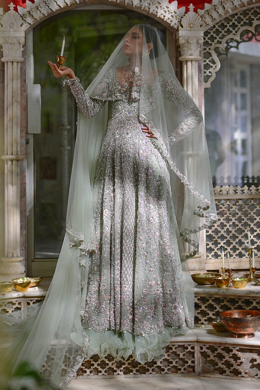 Pakistani Pistachio Zardozi Tulle Pishwas Dress (2-Piece) - Image 8