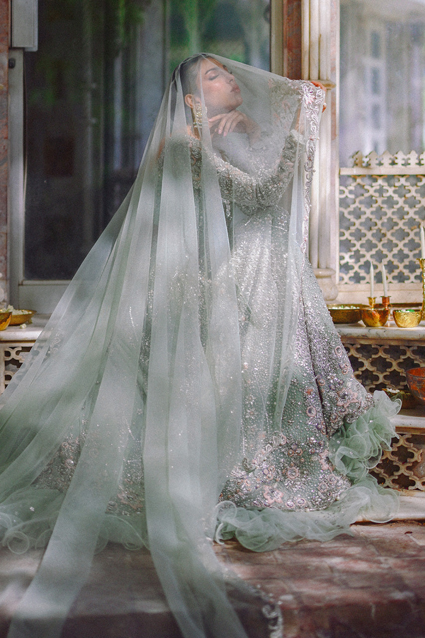 Pakistani Pistachio Zardozi Tulle Pishwas Dress (2-Piece) - Image 9