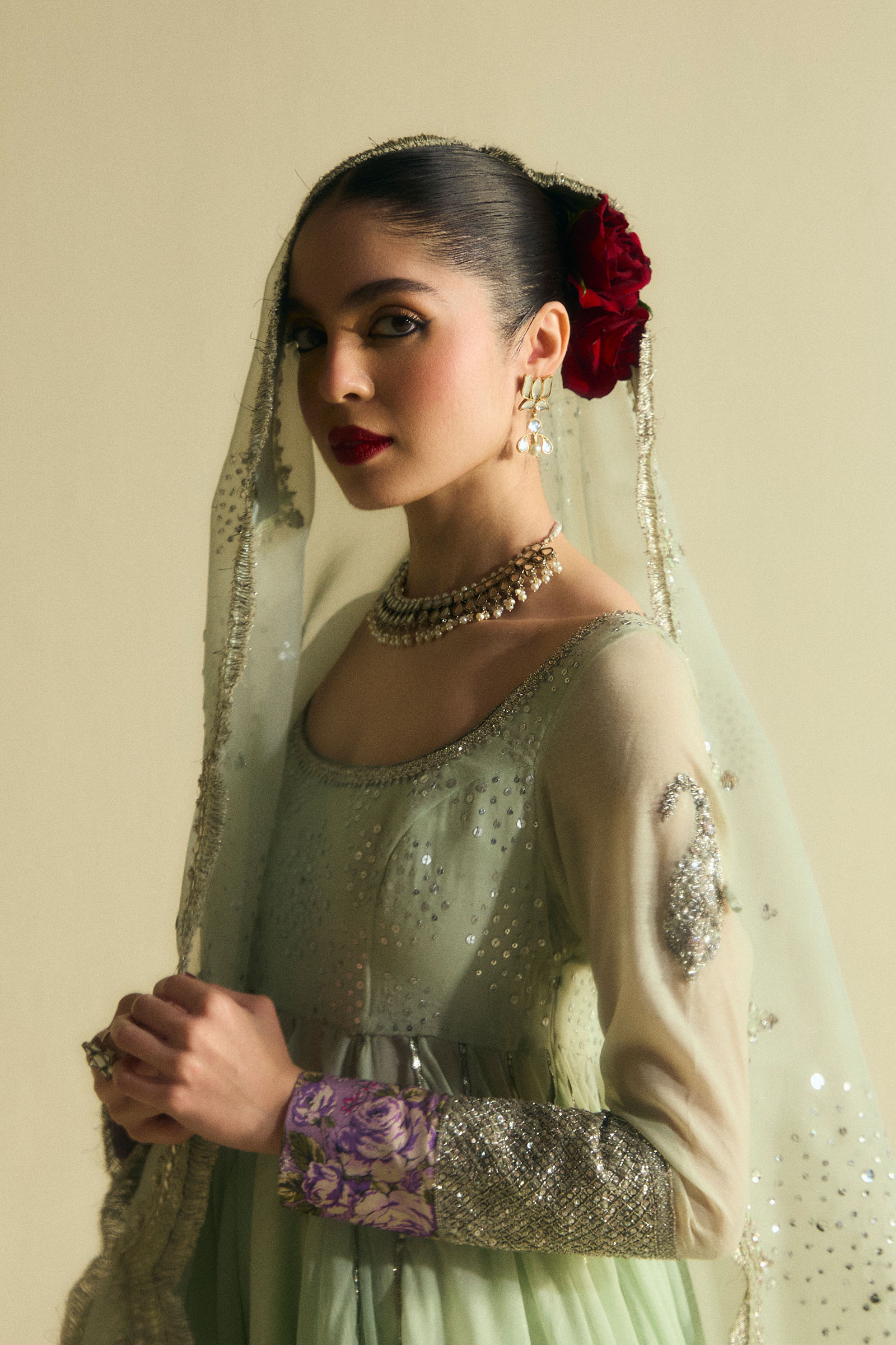 Pakistani Mint Green Sequin Chanderi Pishwas Dress (3-Piece) - Image 2