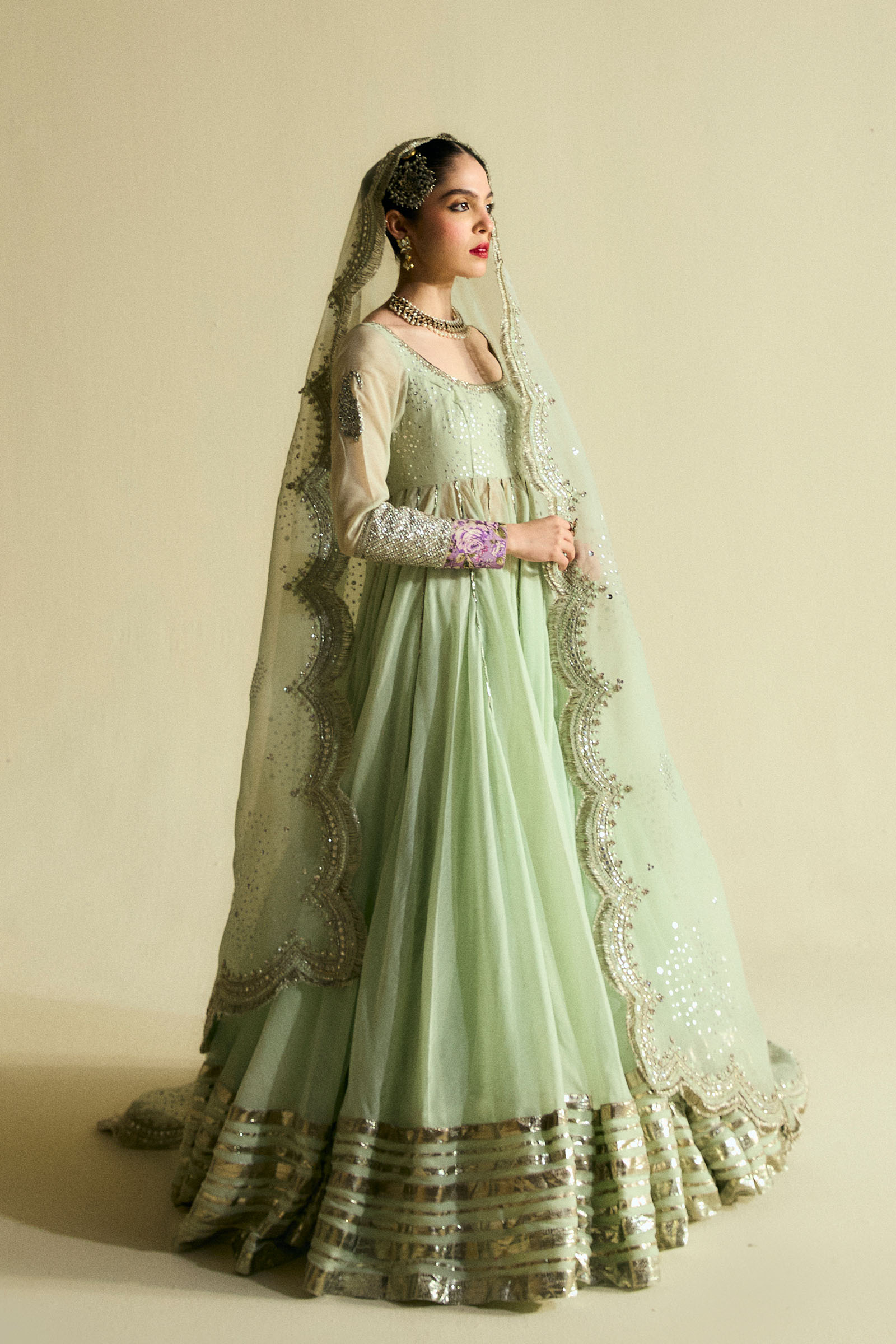Pakistani Mint Green Sequin Chanderi Pishwas Dress (3-Piece) - Image 3
