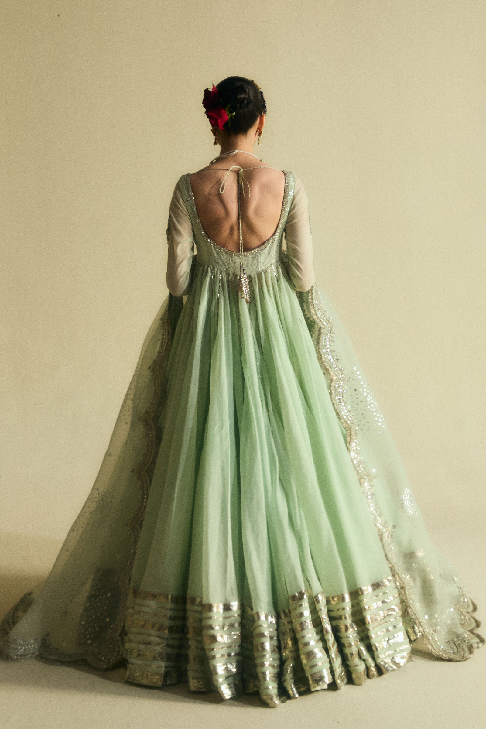 Pakistani Mint Green Sequin Chanderi Pishwas Dress (3-Piece) - Image 4