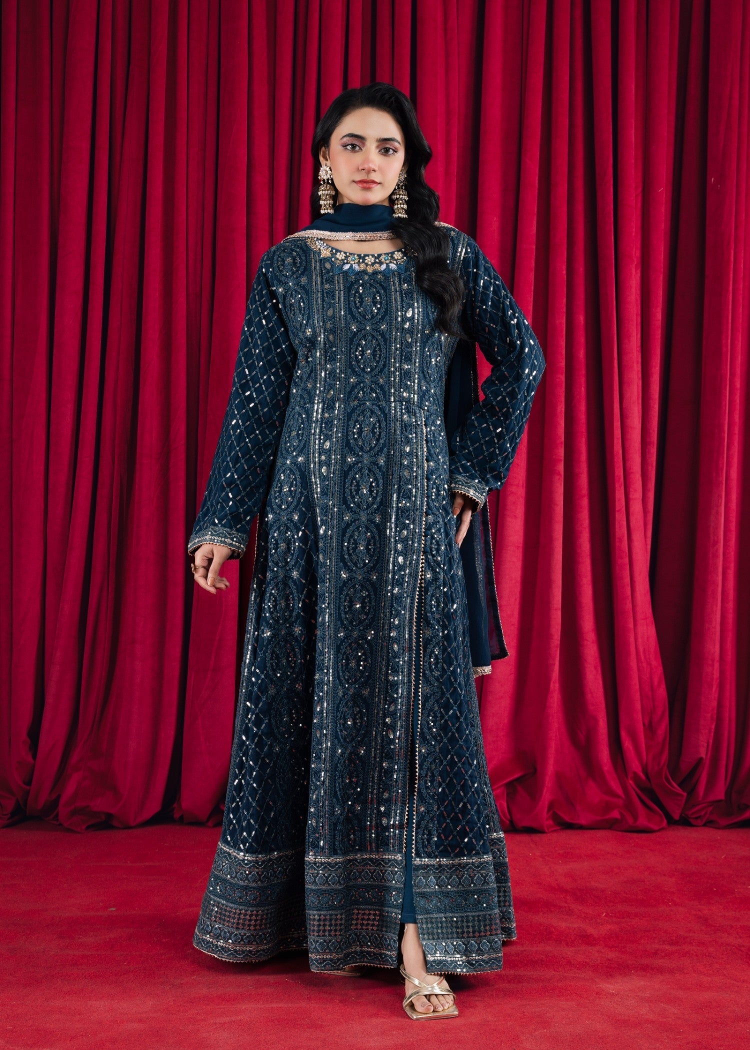 Teal Embroidered Chiffon Pishwas Dress (3-Piece) - Image 1