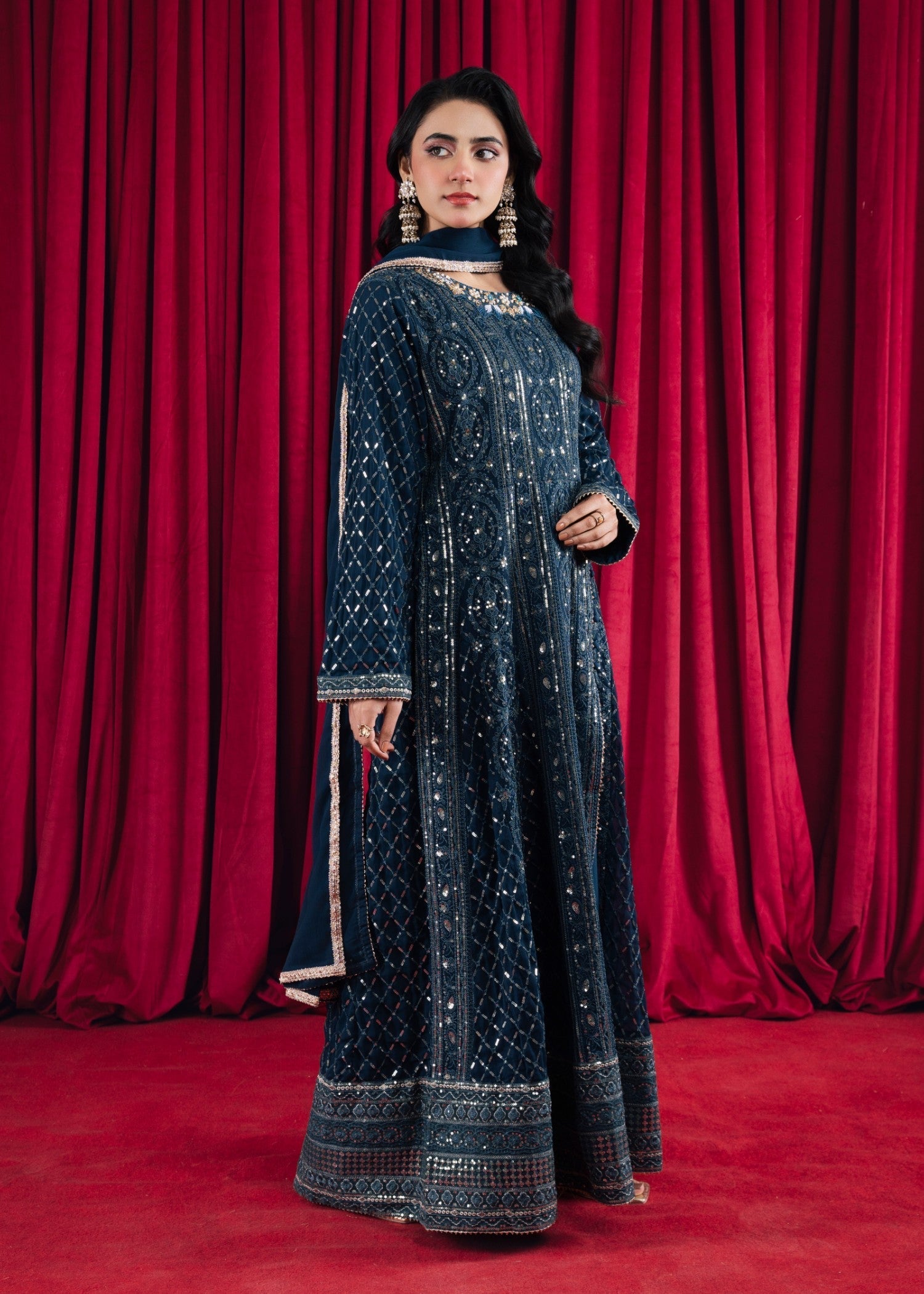 Teal Embroidered Chiffon Pishwas Dress (3-Piece) - Image 2