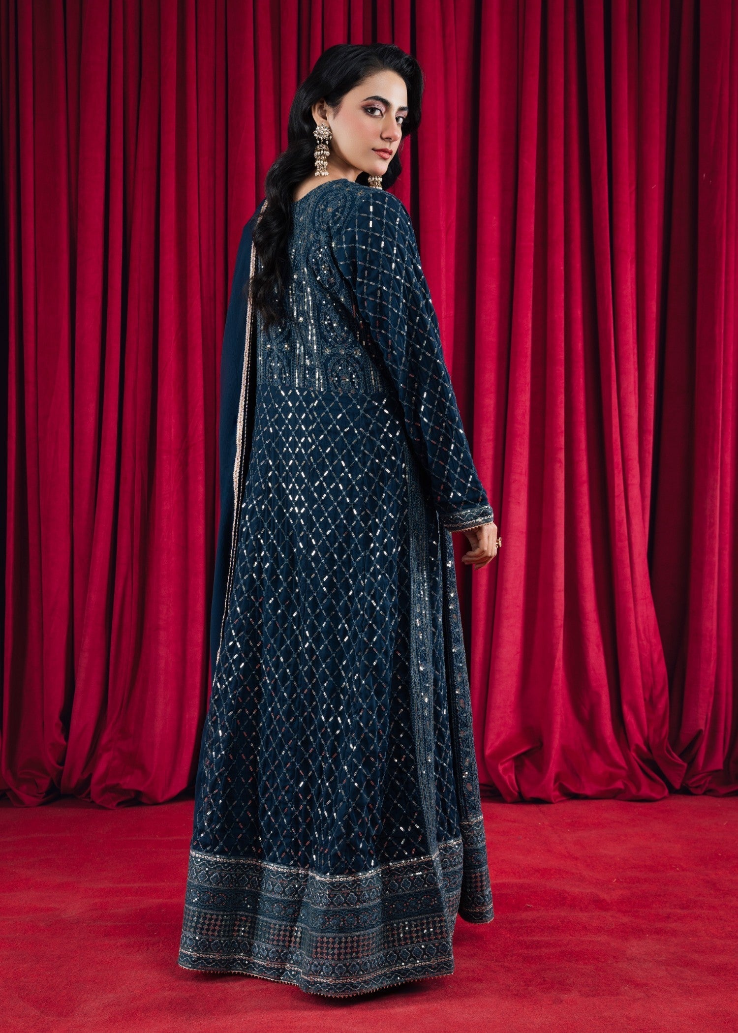 Teal Embroidered Chiffon Pishwas Dress (3-Piece) - Image 3