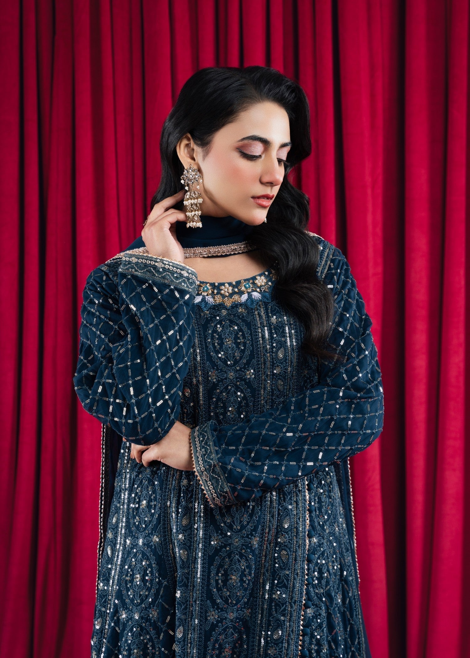 Teal Embroidered Chiffon Pishwas Dress (3-Piece) - Image 4