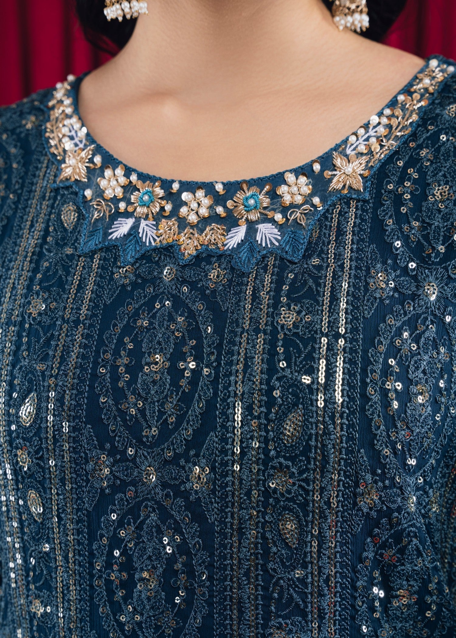 Teal Embroidered Chiffon Pishwas Dress (3-Piece) - Image 5