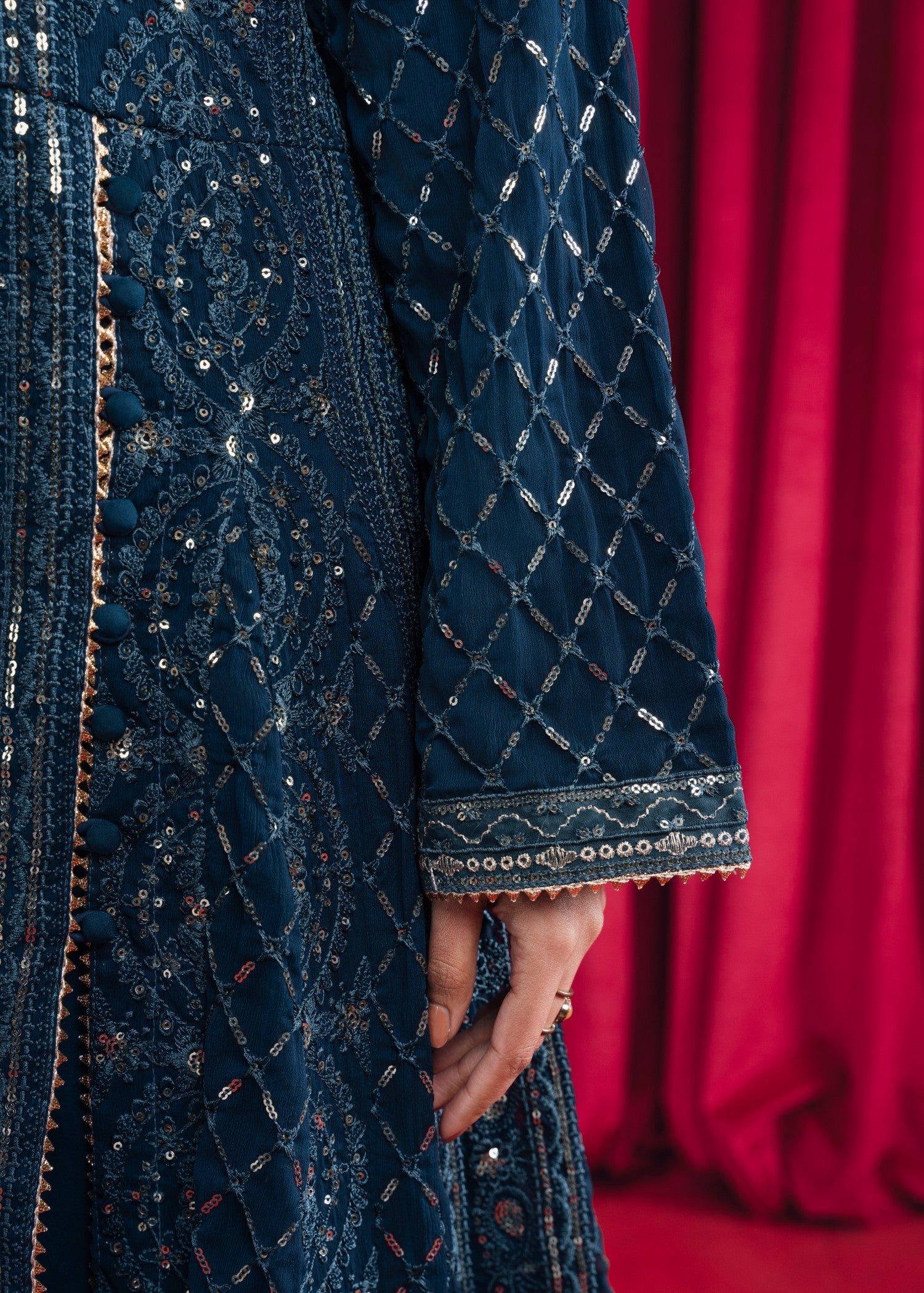 Teal Embroidered Chiffon Pishwas Dress (3-Piece) - Image 6