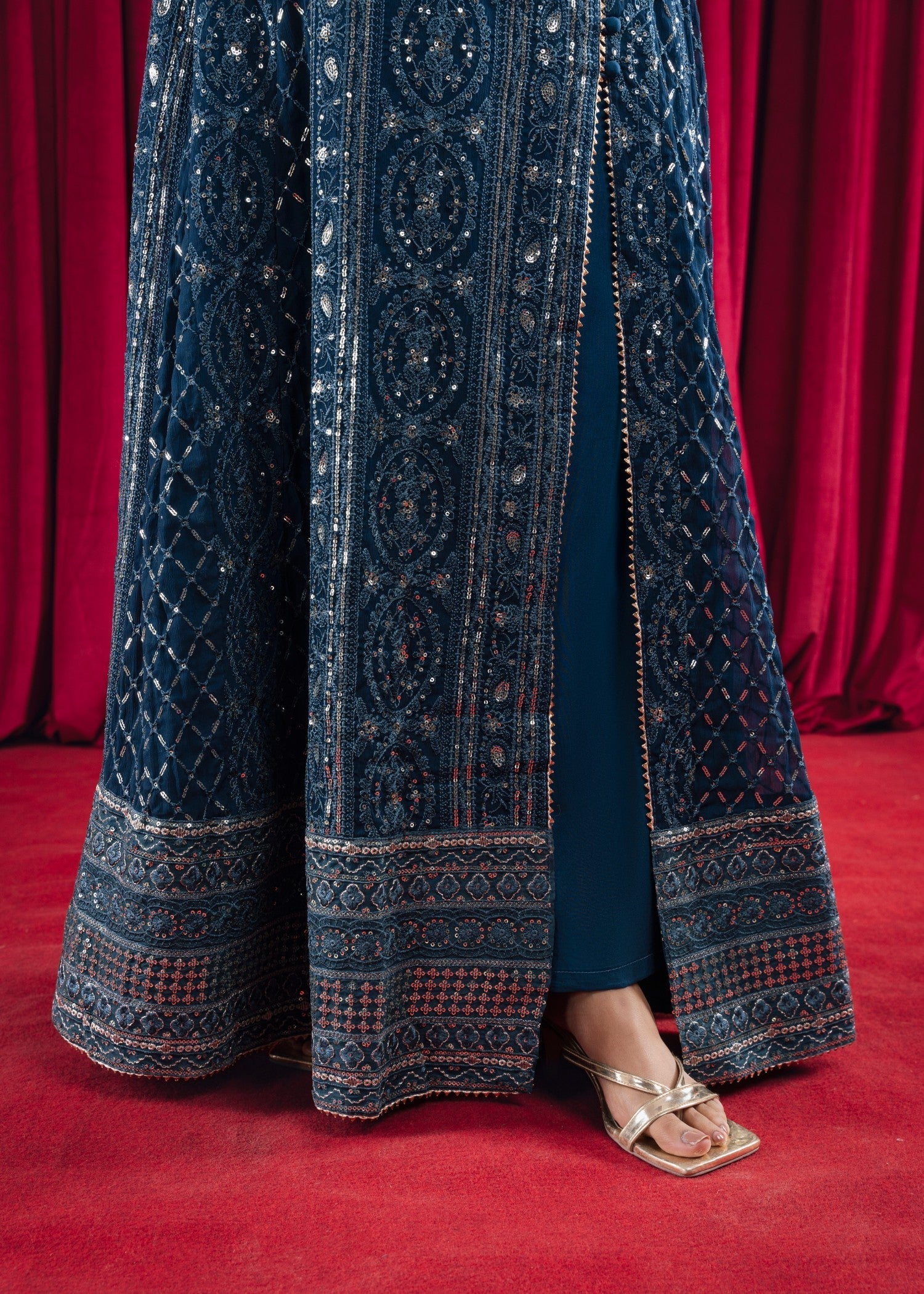 Teal Embroidered Chiffon Pishwas Dress (3-Piece) - Image 8