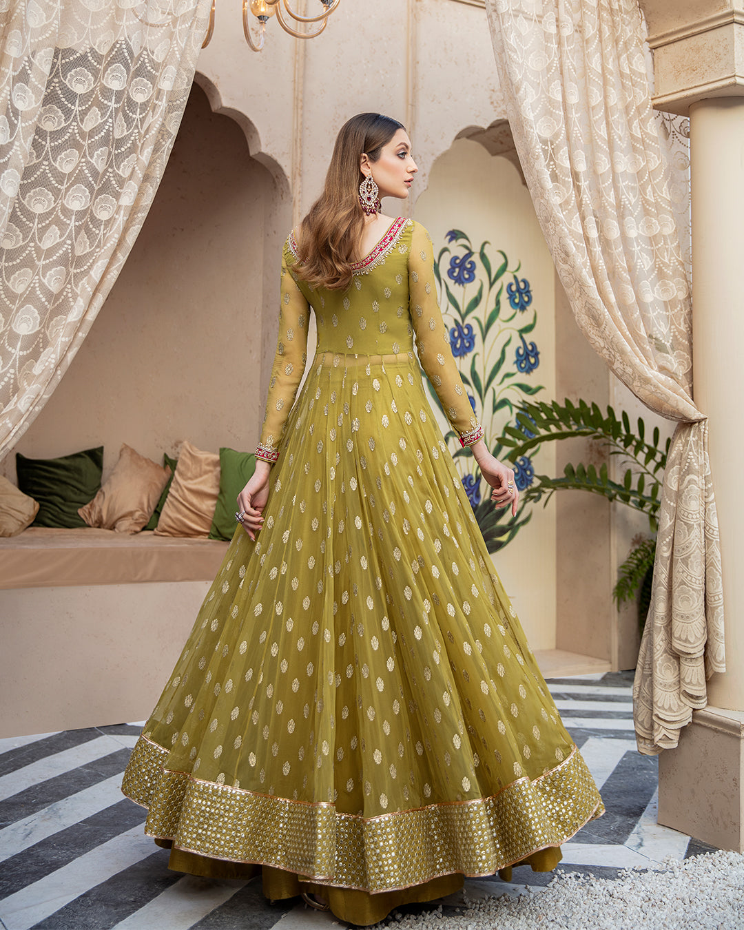 Pakistani Mustard Green Hand-Embellished Chiffon Pishwas (3-Piece) - Image 4