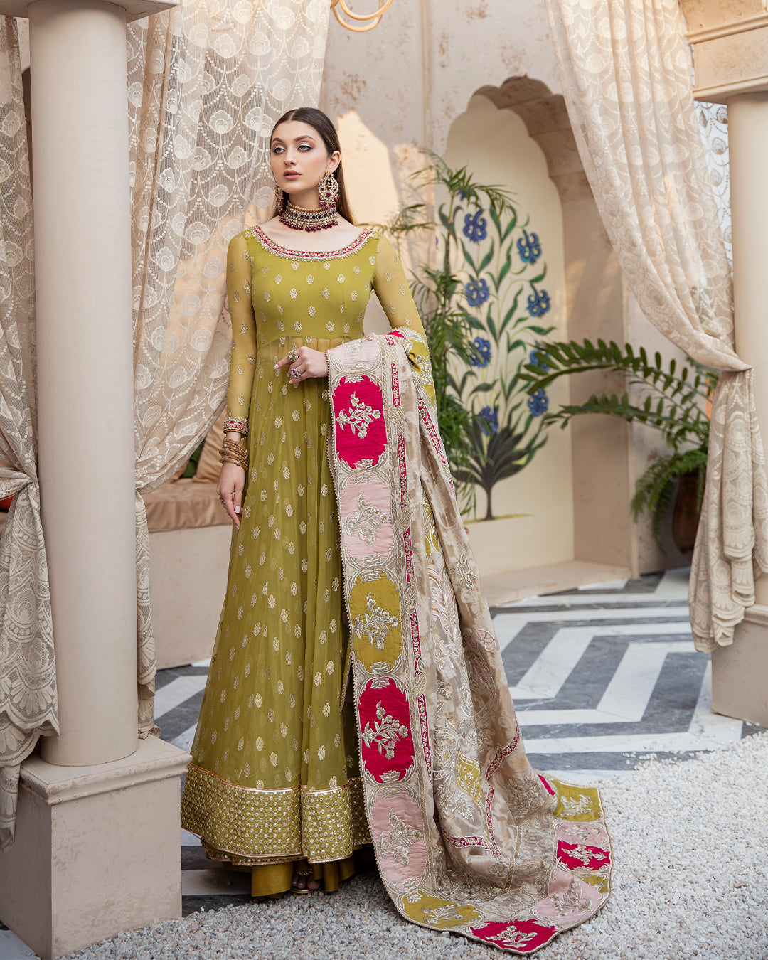 Mustard Green Hand-Embellished Chiffon Pishwas (3-Piece) - Image 1