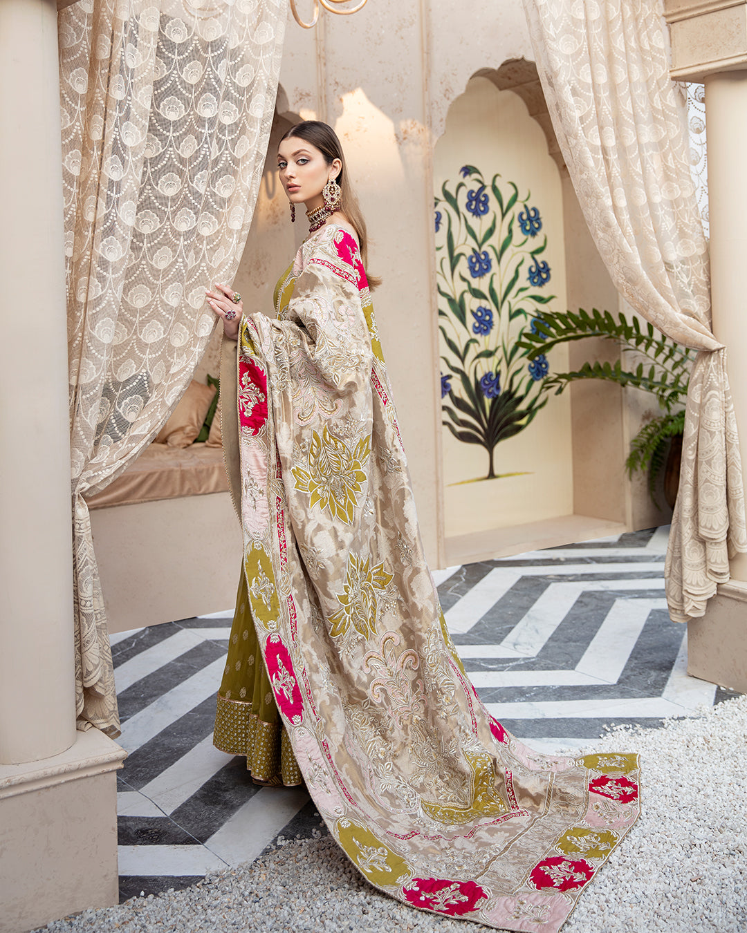 Mustard Green Hand-Embellished Chiffon Pishwas (3-Piece) - Image 2