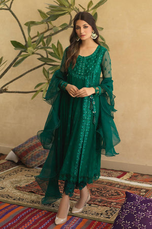 Pakistani Emerald Green Mirror Work Chiffon Pishwas (3-Piece) - Image 1