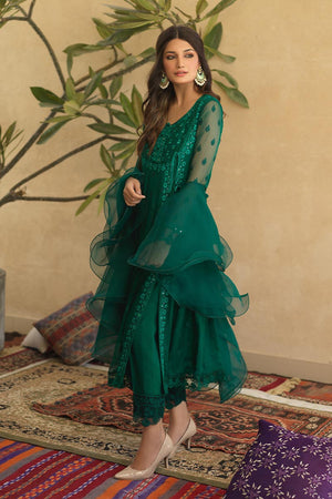 Pakistani Emerald Green Mirror Work Chiffon Pishwas (3-Piece) - Image 2