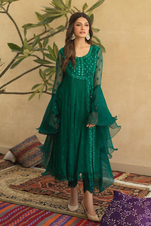 Pakistani Emerald Green Mirror Work Chiffon Pishwas (3-Piece) - Image 3