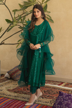 Pakistani Emerald Green Mirror Work Chiffon Pishwas (3-Piece) - Image 4