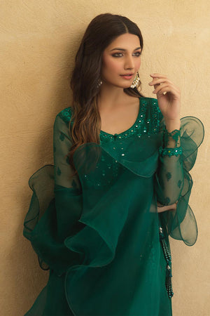 Pakistani Emerald Green Mirror Work Chiffon Pishwas (3-Piece) - Image 6