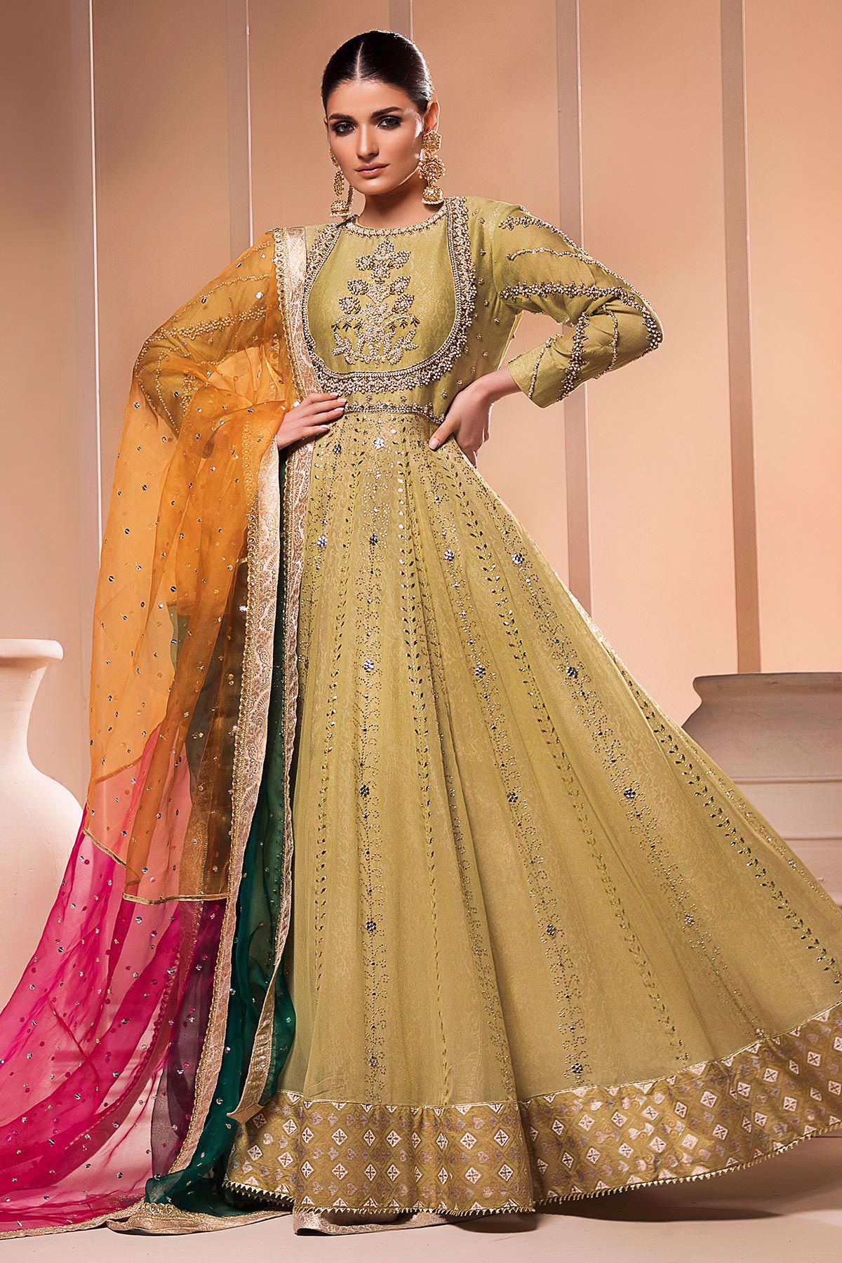 Green Embellished Chiffon Pishwas (2-Piece) - Image 4