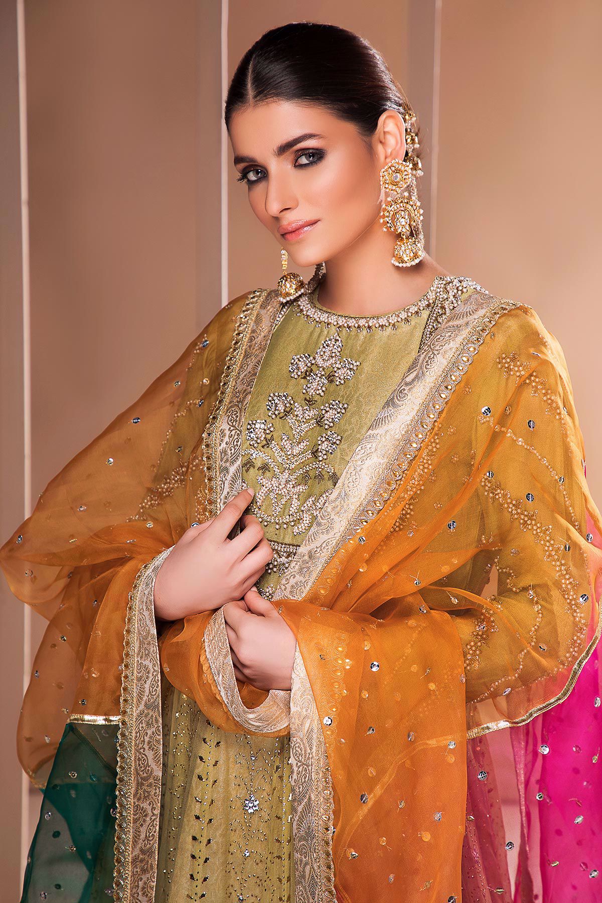 Green Embellished Chiffon Pishwas (2-Piece) - Image 6
