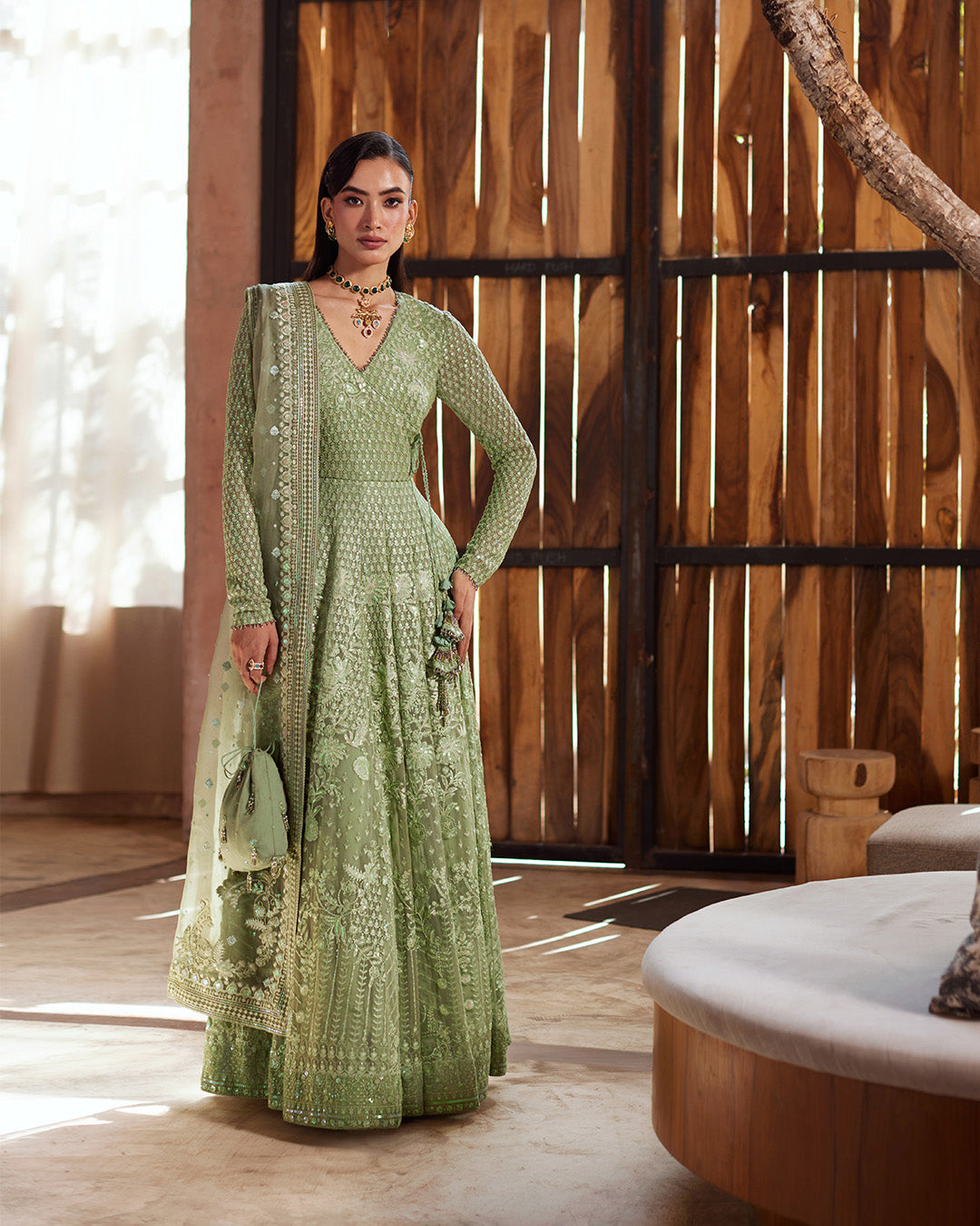 Sage Green Embroidered Chiffon Pishwas (3-Piece) - Image 1