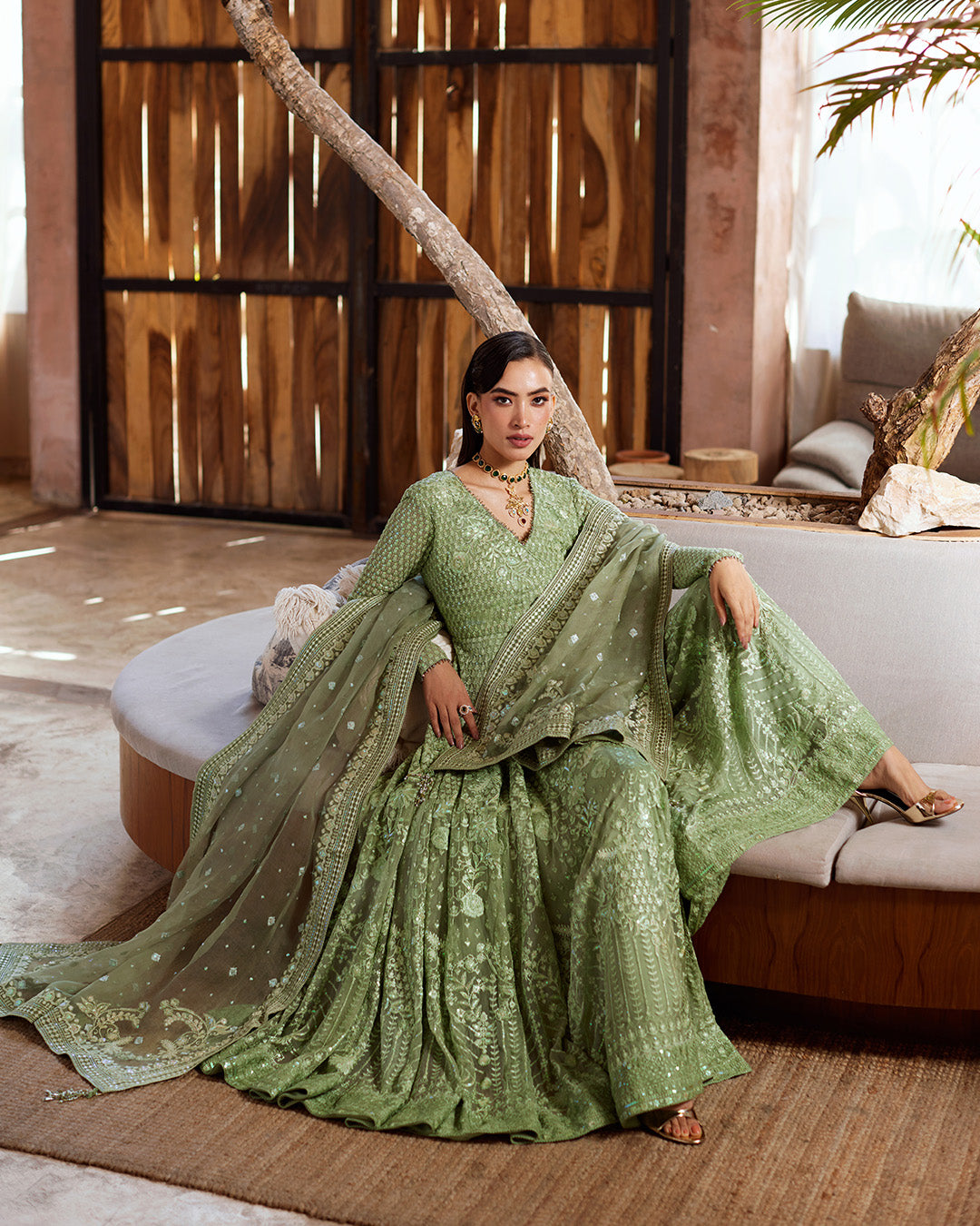 Sage Green Embroidered Chiffon Pishwas (3-Piece) - Image 2